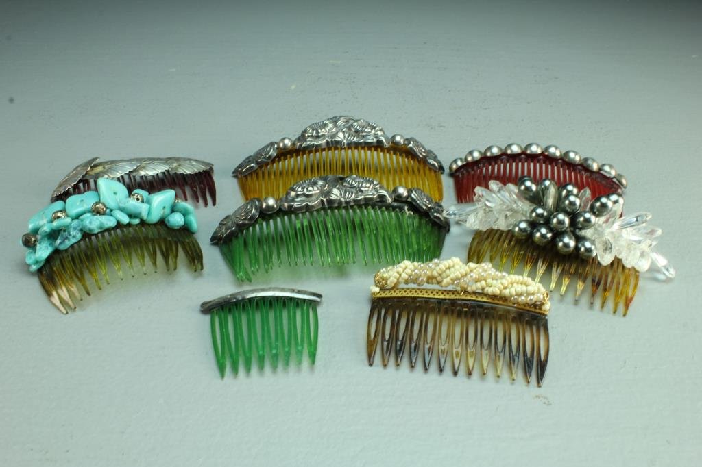 (8) Victorian & Signed Hair Combs Inc. Miriam Haskell: To include a Miriam Haskell "Made in France" beaded comb, two combs with repouse roses, one with repouse leaves, possibly sterling, two having embossed geometric design, and two with clear and turquoi