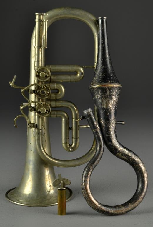 (3) Pcs. Antique Brass Instruments Inc. Lyon & Healy: To include a Lyon & Healy trumpet, a brass pitch tuner, and a cornet echo bell, largest measures 12.25"L, circa early 20th century. Condition, trumpet lacking elements with loss to valves, all with ov