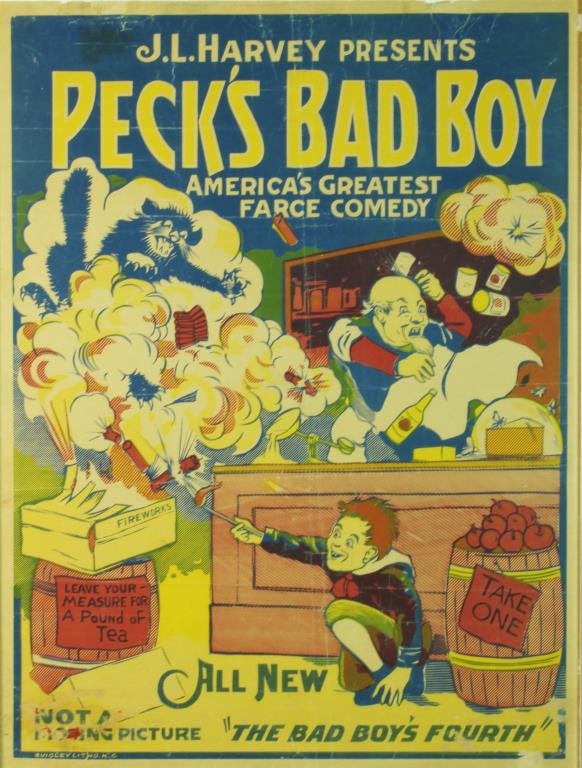 Antique Peck's Bad Boy Farce Comedy Framed Poster: A color lithograph depicting a slapstick comedy scene with figures at a market, a cat and dynomite, text reads "J.L. Harvey Presents Peck's Bad Boy, America's Greatest Farce Comedy"by Quigley Litho Co