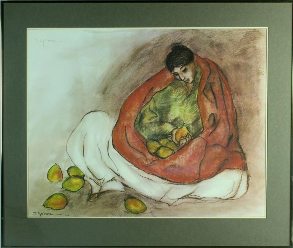 R.C. Gorman Hand Colored Lithograph-Pencil Signed: Depicting a seated woman holding fruit, pencil signed upper left "R.C. Gorman". Rudolph C Gorman (1932-2005) was an American artist known for abstract female Indian figure painting and lithography, me