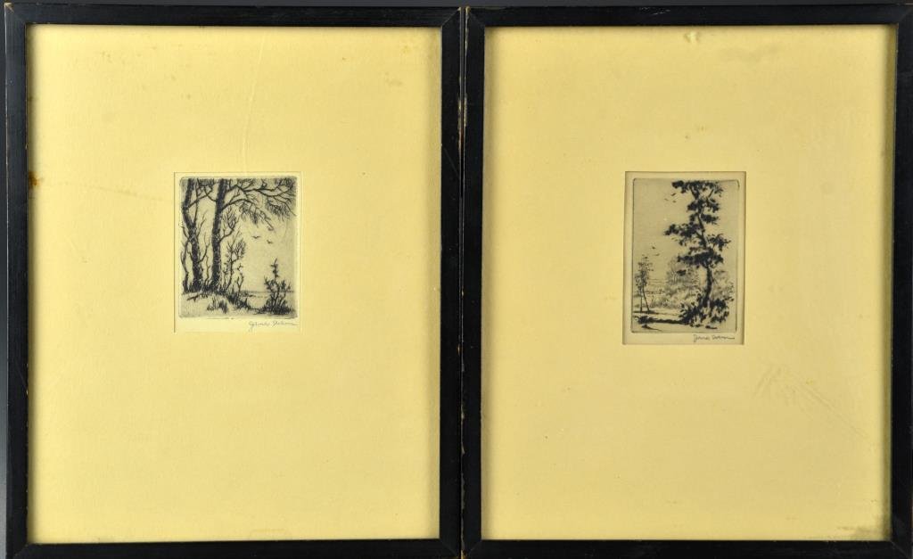 Pr. James Swann Etchings on Paper: Both depicitng wooded landscapes, one with birds in flight, one with a homestead, each signed in pencil lower right, James Swann (1905-1985) Texas and Illinois artist known for etchings, illustration