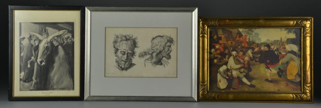 (3) Framed Prints on Paper: Including a genre scene by Pieter Breugel the Elder, a Wotherspoon titled: "Society, A Portrait"and a black and white print depicting two figures, one being Raphael, with cross-hatch technique, larges