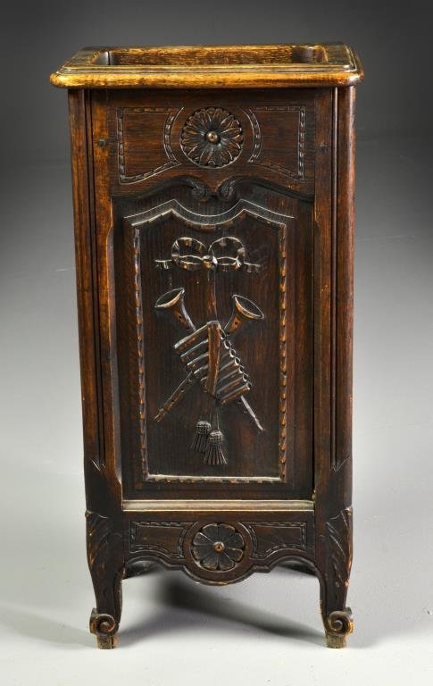 Early 19th C. Scottish or Irish Carved Walnut Umbrella: Having pegged construction, depciitng carved musical instruments and shaped and carved feet, probably walnut, having its original tin liner, measures , circa. Condition, with normal knicks and abrasio