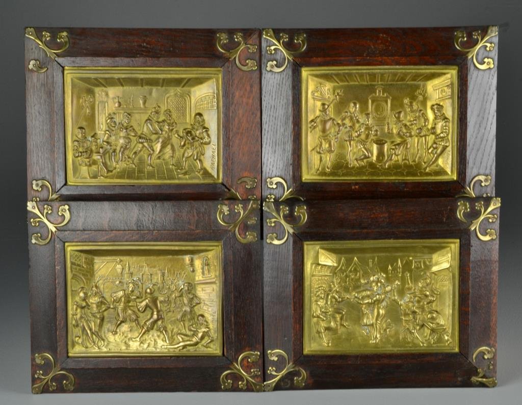 (4) Antique Wood Framed Bronze Relief Wall Plaques: Each depicting jovial leisure scenes with figures drinking wine and playing instruments, all having impressed signature "Raphael" to lower right, each measures 9"H x 10.75"W overall, circa late 19th-e