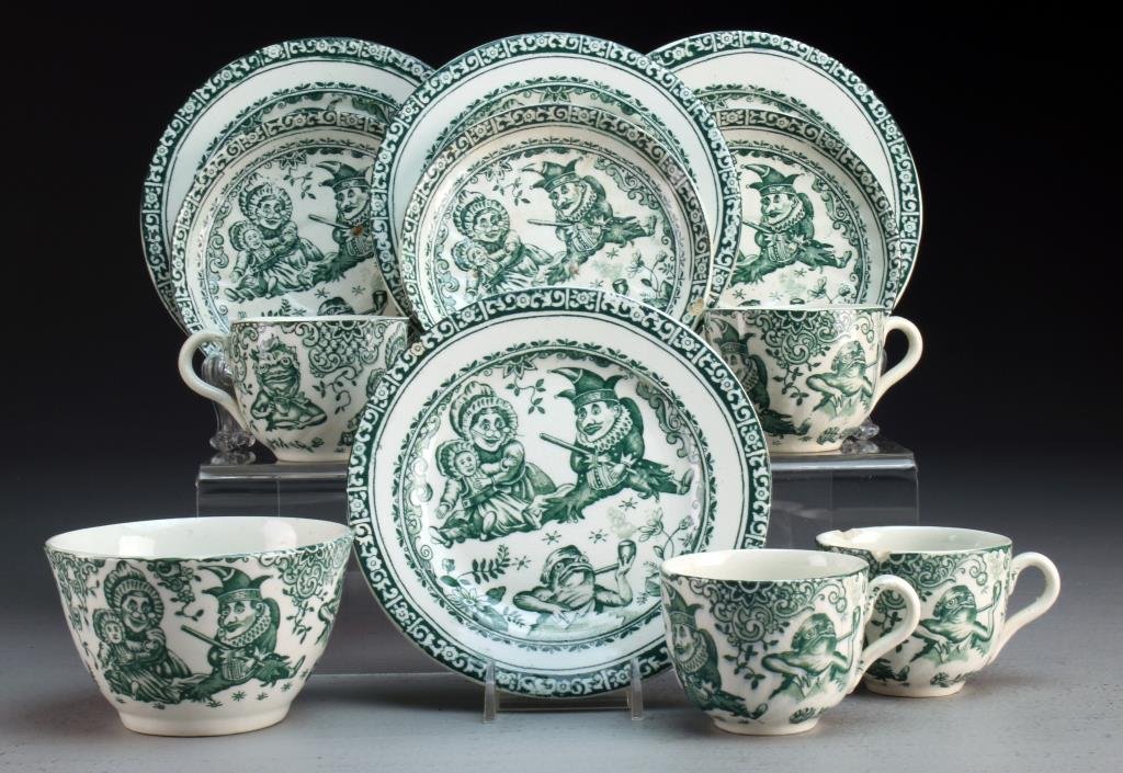 (12) Pcs. Punch & Judy Partial Childs Tea Set: To include four cups with three saucers, four small plates, and a bowl, all marked Allertons England Punch, bowl measures 2.25"H X 4"D. Condition: With normal flea bites and stress cracks commensurate
