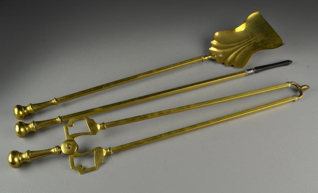 (3) Pcs. Early 20th c. Brass Fireplace Tools: To include three tools all having turned brass handles, each measures approximately 26.5"L.