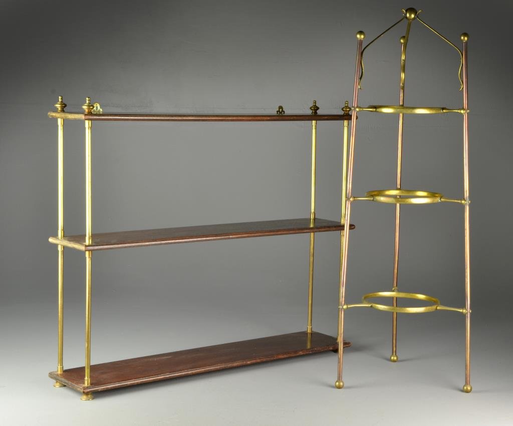 (2) Antique Continental Items Inc Plate Stand and Shelf: To include a English brass three tiered plate stand along with a brass and wood table-wall shelf, largest measures 30,5" H, circa early 20th century. Condition, shelf lacking one brass foot.