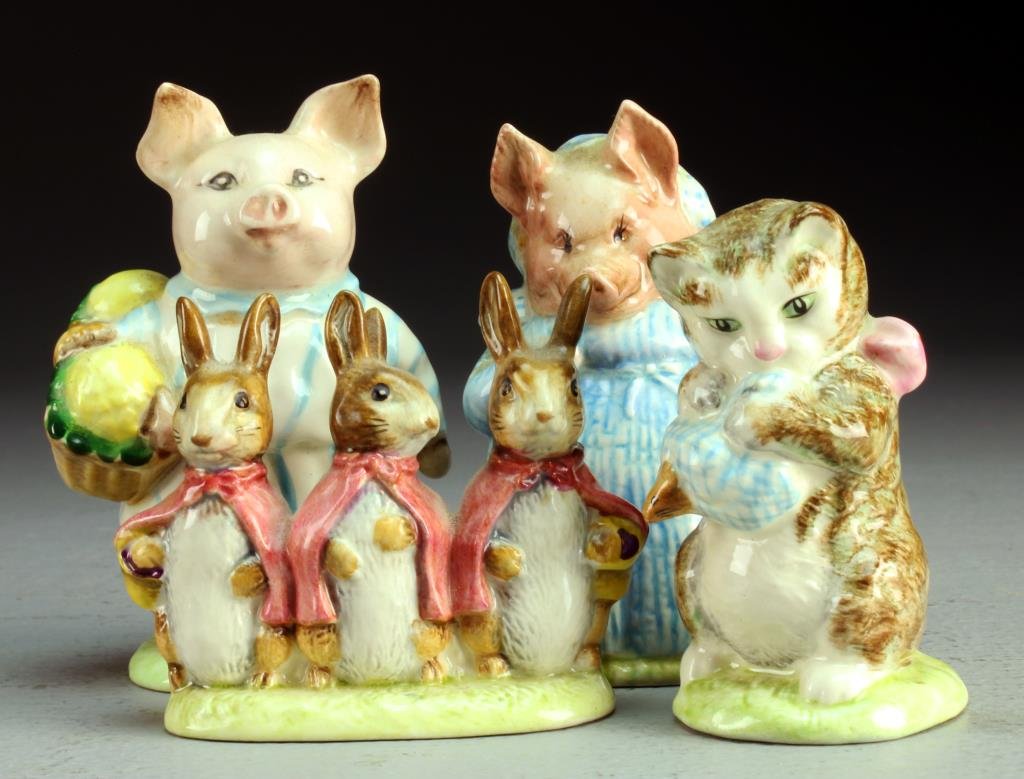 (4) Beatrix Potter's Porcelain Figures: To include "Little Pig Robinson", "Aunt Pettitoes", "Miss Moppet", and "Flopsy Mopsy and Cottontail", tallest is 3.875"H. From the collection of the late Anthony "Tony" Orlando Dearborn Heights, Michi