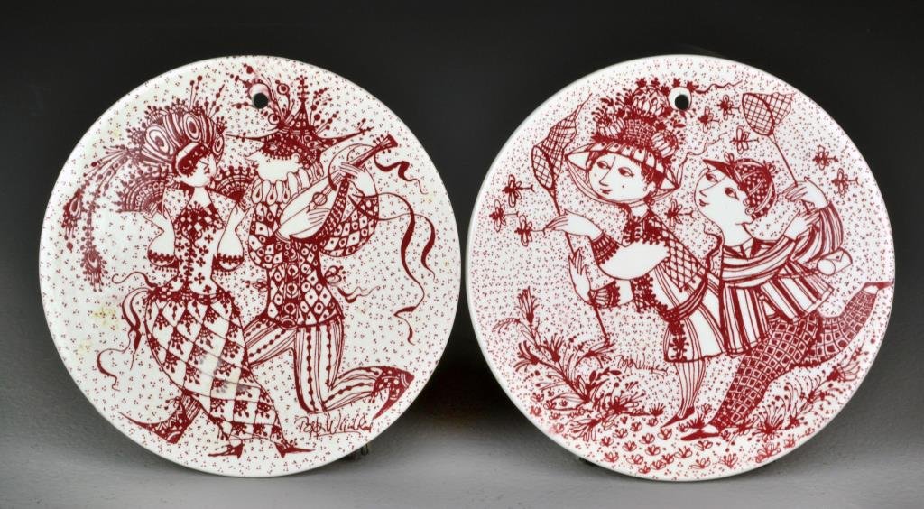 (2) Pcs Bjorn Wiinblad Danish Porcelain Tiles: To include two Nymolle Denmark porcelain tiles designed by Bjorn Wiinblad, depicting August "Bye-Bye"and February "Maskerade" both in monochrome, both measure 6"Dia., circa 20th century. In good condi