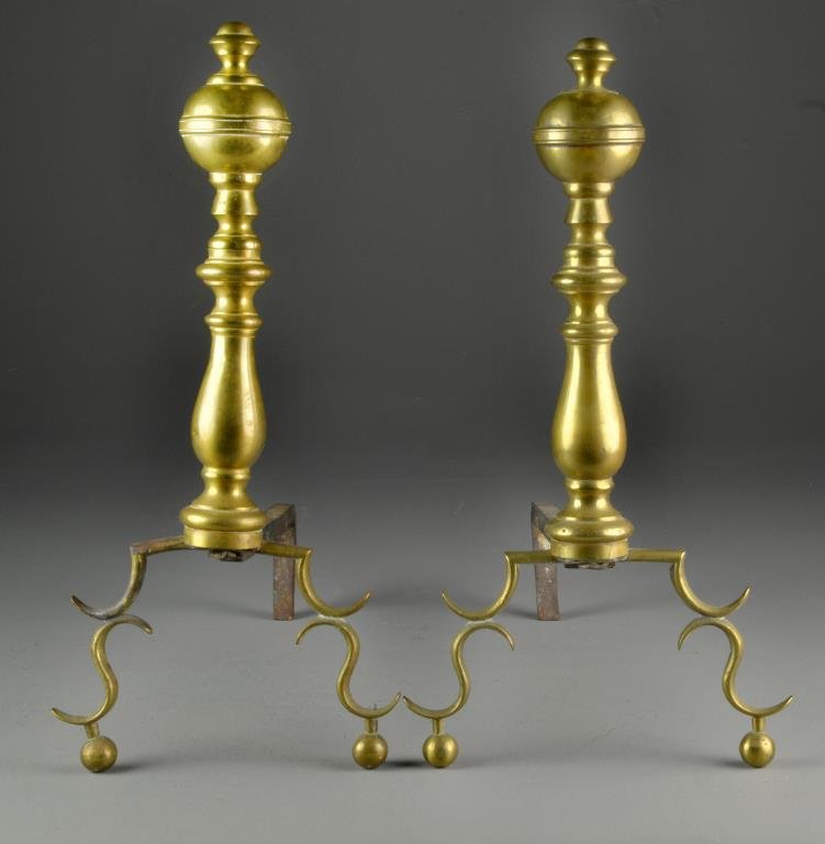 Pr. 18th Century American or Continental Brass Andirons: Both having ball form finials, turned columns and scrolled supports, 18"H, circa 18th century. Condition, all over surface wear, loss and minor dents to top of one andiron.