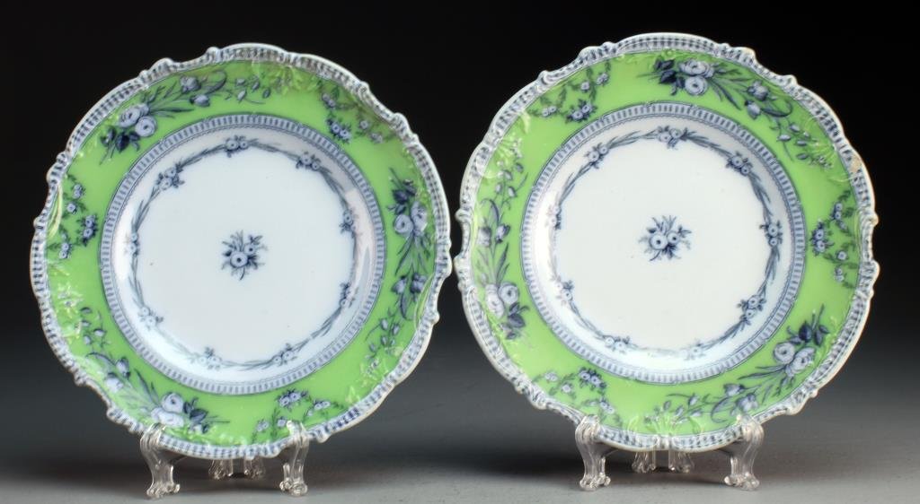 Pr. Kildare Flow Blue & Mint Plates: Depicting blossoms and scrolling tendrils, reverse painted with Kildare C.M & S and having impressed hall marks saying opaque porcelain, 1.25"H X 9.175"D. From the collection of the late Anthony "Tony