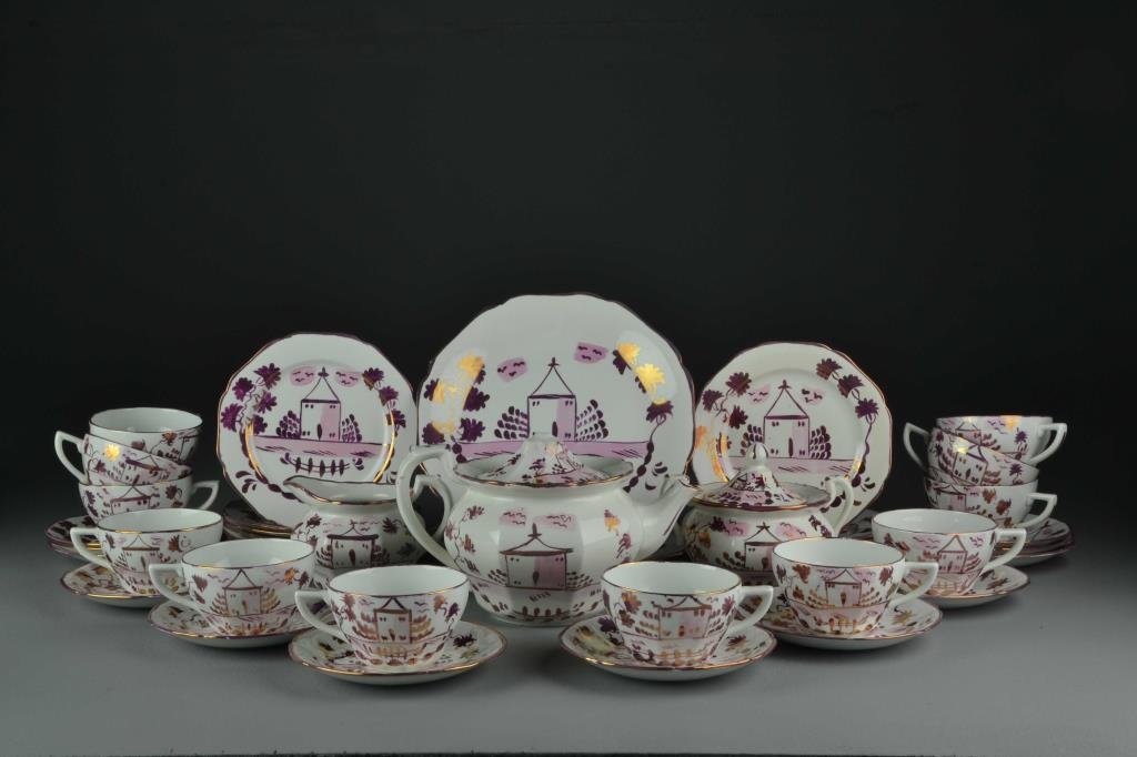 (39) Pieces English Pink Lusterware: All having scenic and floral design, Include a teapot, covered sugar, creamer, 2 dinner plates, 12 dessert plates, 12 coffee cups and saucers and one deep cereal bowl, largest measures 9.25"D, circa 1