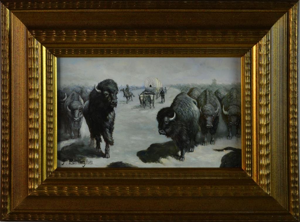 Frederic Remington Oil Painting on Canvas: Titled: "On the Trail", depicting buffalo with ox-drawn covered wagon and male figures, signed lower left "F. Remington" Frederic Sackrider Remington (1861-1909) an American artist known for western p