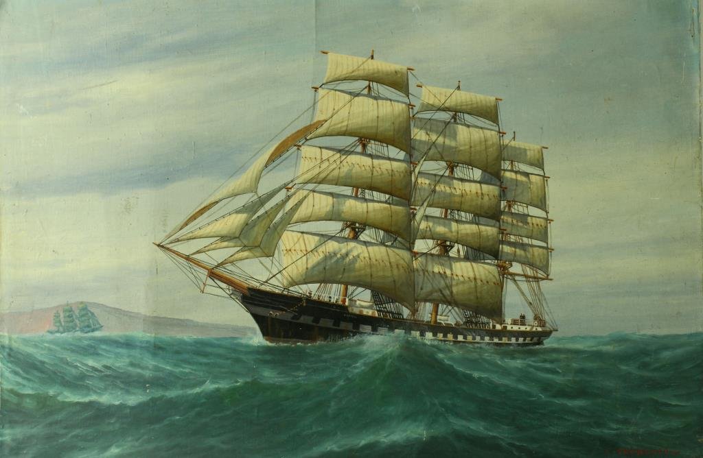 Luca Papaluca Oil Painting on Canvas Mounted on Metal: Depciting a ship at full sail, signed lower right "L. Papaluca". Luca Papcluca (1890-1934) an Italian artist known for seascape and ship paintings, measures 17"H x 25.5"W unframed, circa early 20th ce