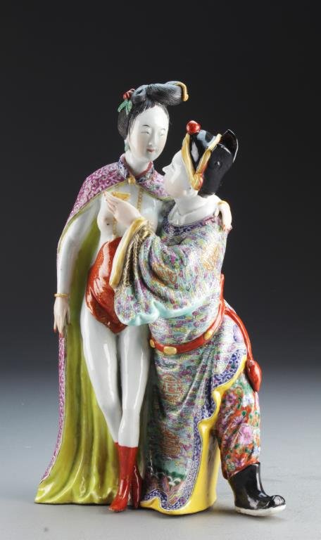 Chinese Republic Famille Rose Porcelain Figures: Molded to depict Ximen, Qing and Pan, Jinlian, from the famous book "Jin Pin Mei", the gentleman, his robes finely enameled to depict Shou symbols amongst ruyi clouds against a robin's egg blue ground