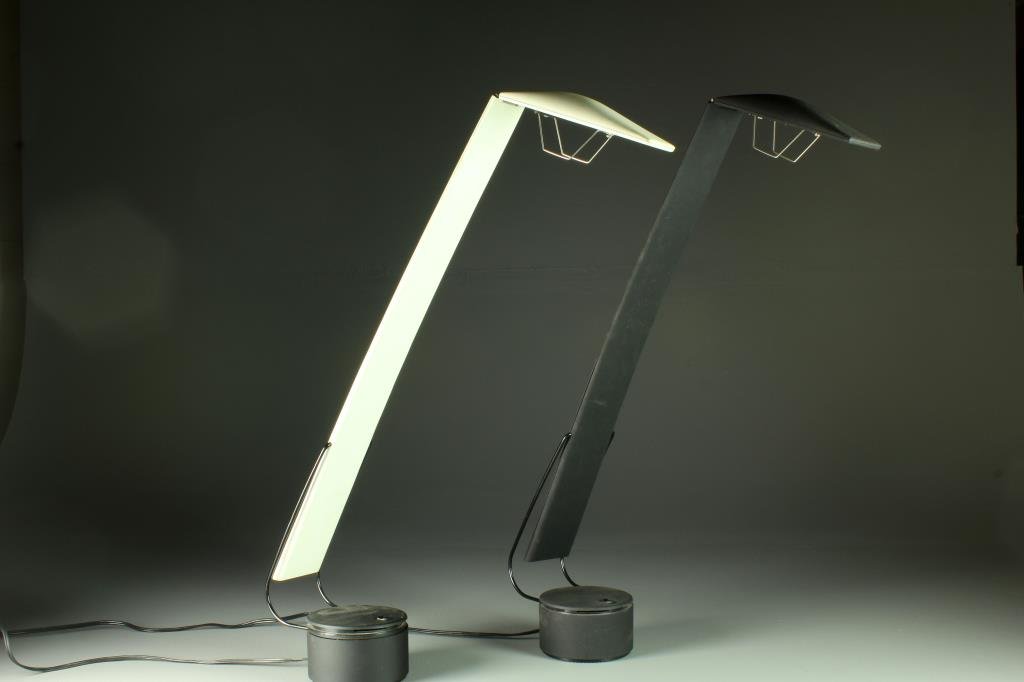 Pr. Mario Barbaglia & Marco Colombo "Dove"Table Lamps: In the modernistic taste both are adjustable and constructed of metal and plastic, designer and manufacturer Mario Barbaglia & Marco Colombo, PAF studios Milan Italy, 28.75" fully extended, fully mark