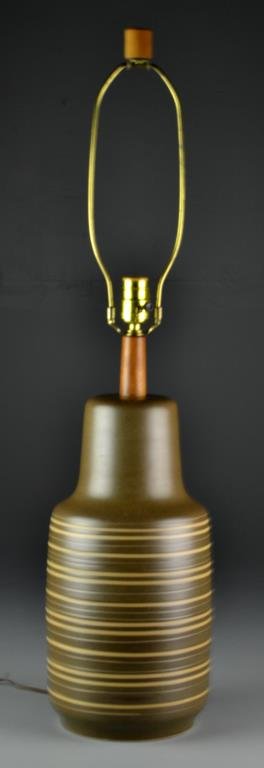 Martz Mid Century Modern Danish Pottery Table Lamp: Vasiform with ribbed horizontal design glazed in taupe and brown, signed to base Martz, 39.5"H, circa mid 20th century.