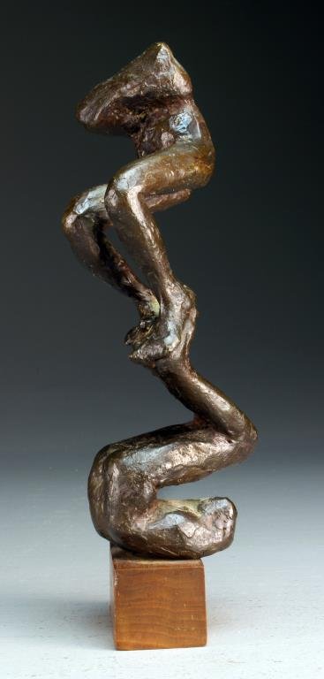 A Mid Century Bronze Modernist Sculpture: Depicitng abstract figures in acrobatic pose, having a deep brown patina, and affixed to wooden display stand probably mahogany, measures 11.5"H overall, circa early-mid 20th century. Private collecti