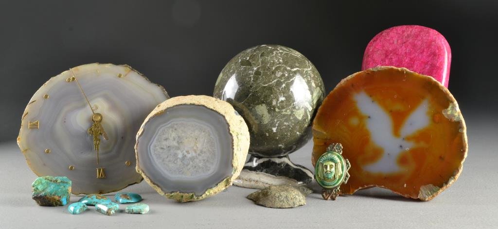 (13) Assorted Stone Specimens: To include a marble sphere on raised stand, an agate clock, and various other examples, largest measures 6.5"H.