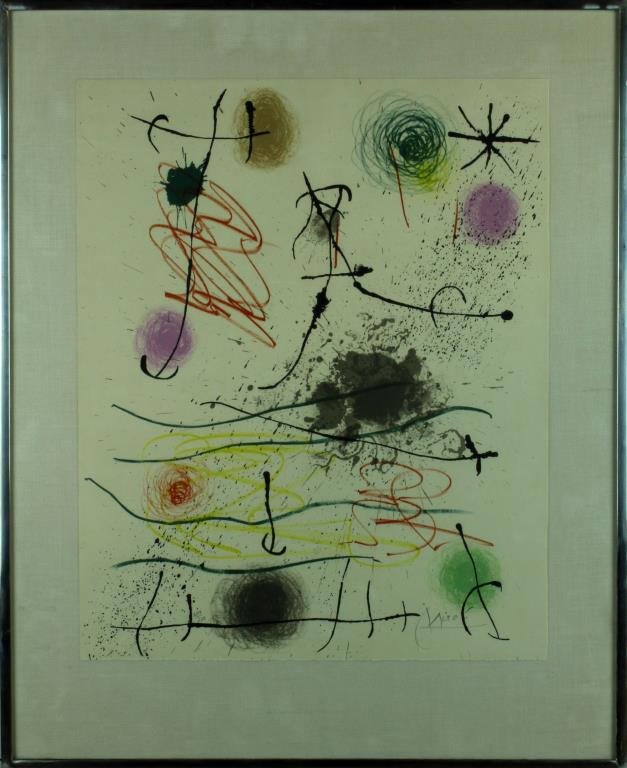 Joan Miro Colored Lithograph: An abstract expressionist painting done in subtle colors, signed lower right. Joan Miro (1892-1983) Spanish Catalan artist known for abstract expressionism. 21.25"H X 17"W overall, circa mid-20th cent