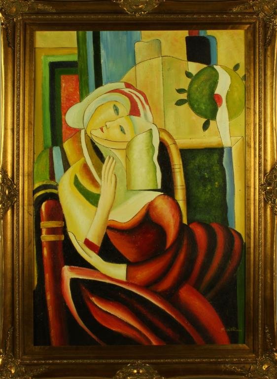 M. William Oil Painting on Canvas: Finely painted in the Cubist style to depict two figures at center with various abstracted elements in the background, signed "M. William" to lower right, measures 35.25"H x 23.5"W sight, 42.25"H x 30
