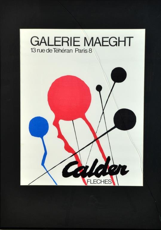 Alexander Calder Galerie Maeght Poster: Titled "Fleches" overall measures 36" H x 28" W. Condition with crack to glass.
