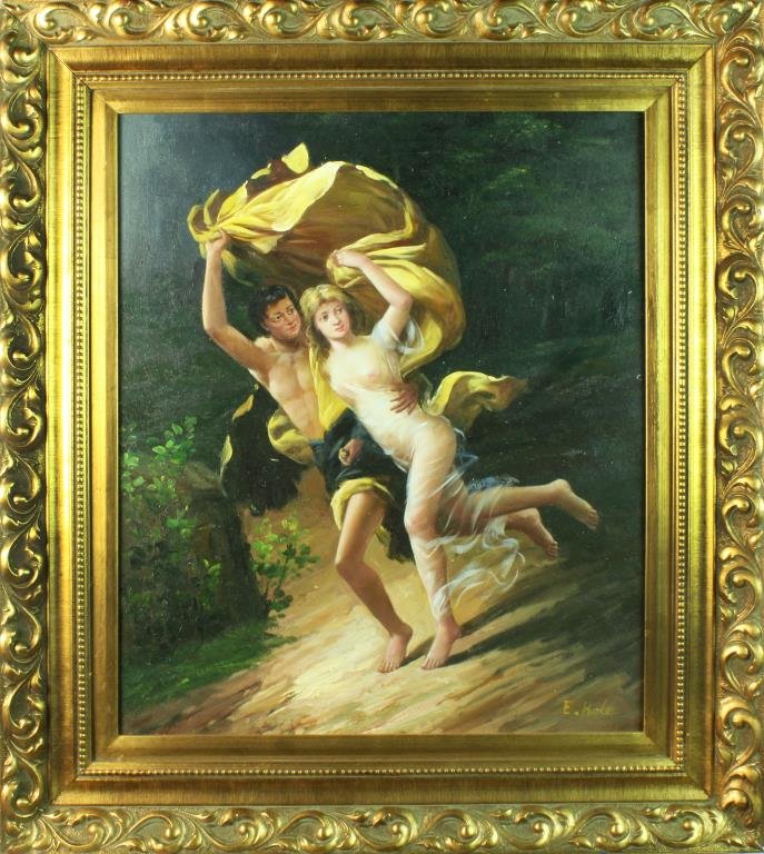 A Signed E. Hale Oil Painting on Canvas: Depicting two allegorical figures running through the forest, signed "E. Hale" to lower right, in nice gilt wood scrolled frame, measures 23"H x 19.5"W sight, 32"H x 28"W framed, circa 20th century. C