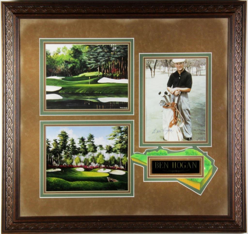 Ben Hogan Autographed Photo: Having a photograph of Ben Hogan standing next to his clubs, with two Robert Blake lithographs. Robert Blake is a New York artist known for his depictions of world class golf resorts, nicely framed an