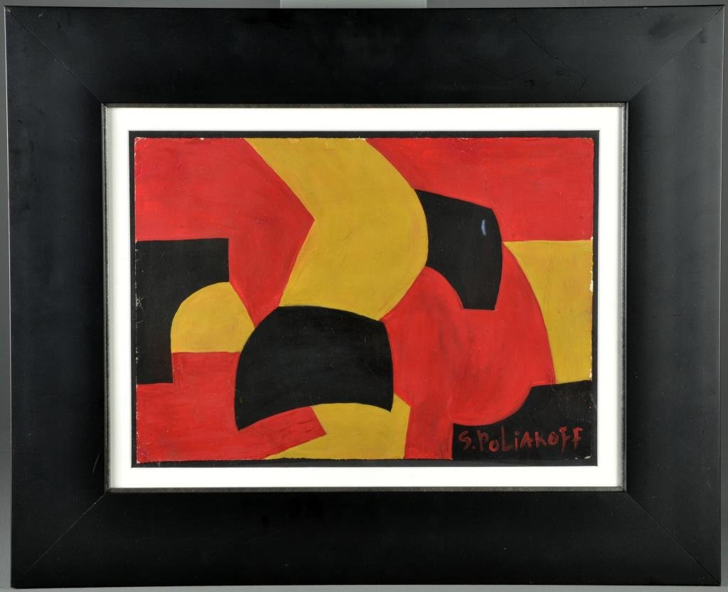 Serge Poliakoff Oil Painting On Card Stock: Depicting an abstract in red, yellow, and black, signed lower right. Serge Poliakoff(1900-1969) was Belarus and French artist known for abstract painting, the painting free floated and framed behind g