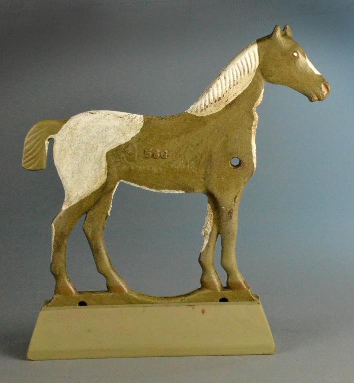 Dempster Horse Counter Balance Weight: Painted short tail or bob tail horse 58g counter balance weight on painted wood base, Dempster Mill Mfg. Co., Beatrice, NB, 17.5" L, circa early 20th century. Condition: Wear to paint. Private collect