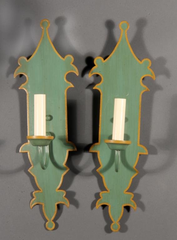 Pr. Tole Painted Two Light Wall Sconces: Having shaped backs, painted mint green with gold trim, 17"H, circa 20th century.