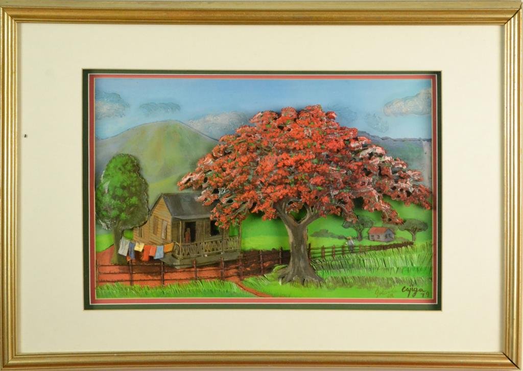 Luis German Cajiga 3-D Decoupage on Paper: Titled, Flamboyant Tree, depicting a detailed three-dimensional cut paper landscape scene, signed lower right Cajiga 79', Luis German Cajiga (b.1934) is a Puerto Rican artist known for his silk-screen