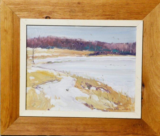 Paul Noble James Oil Painting On Panel: Depicting frozen lake landscape, Paul Noble James (20th C) was a Massachusetts artist known for his seasonal landscapes, 11" H x 14" W, sight 17"H 20"W framed, circa 20th century. Private collection O