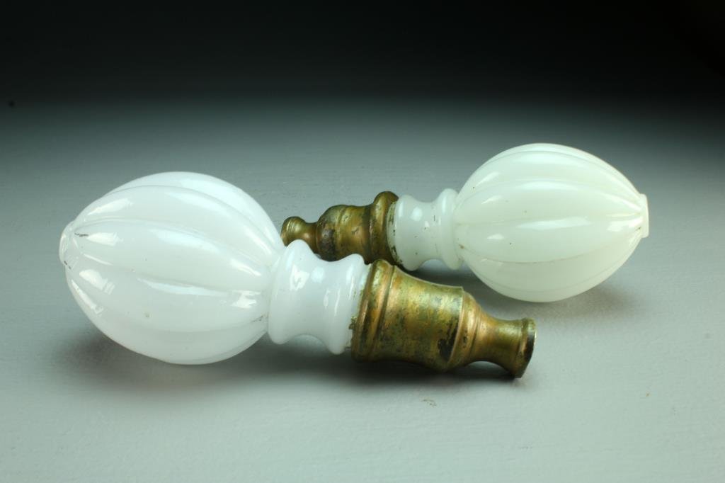 Pr. Large Antique French Opaline Glass and Brass: Having ribbed ovaline white glass tops mounted on brass fixtures, each measures 8"L, circa late 19th century. Condition, having some wear to brass, otherwise good overall.