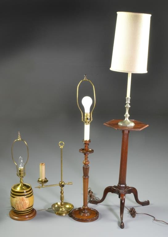 (4) American and Continental Table and Floor Lamps: To inlcude a Knob Creek stamped floor lamp with pewter candlestick on hexagonal mahogany tray raised on wood support and splayed tripod legs, together with wood candlestick lamp, a ceramic jar table l