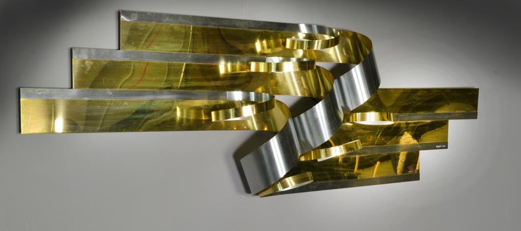 Curtis Jere Modern Brass and Steel Wall Sculpture: Of organic and geometric design using two tones of metal, signed and dated lower right "C Jere 1989". Curtis Jere (-2008) lived and worked in California and China and is known for Artisan house and co