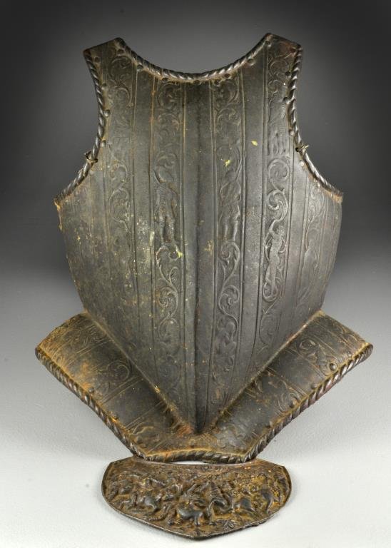 (2) Pcs Antique Forged Iron Armor Incl. Breast Plate: Forged from single piece of iron, having vertical bands of decoration depicting knights and scrolling tendrils, having twisted rope design to edge, along with possible smaller overplate with depiction