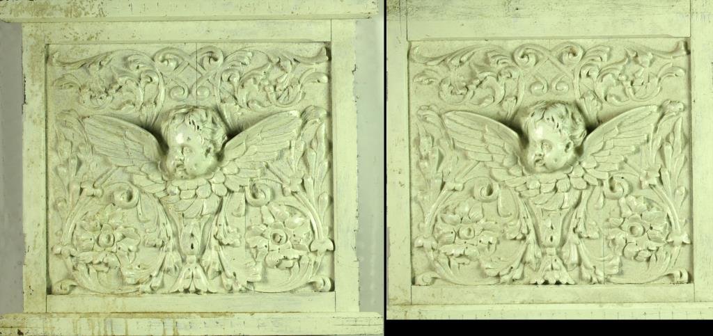 Pr. Antique Carved and Painted Wall Plaques: Carved to depict winged cherubs with floral and scroll motif, possibly having been architectural elements, largest measures 27.5"H x 25"W, circa late 19th-early 20th century. Condition, with areas of 