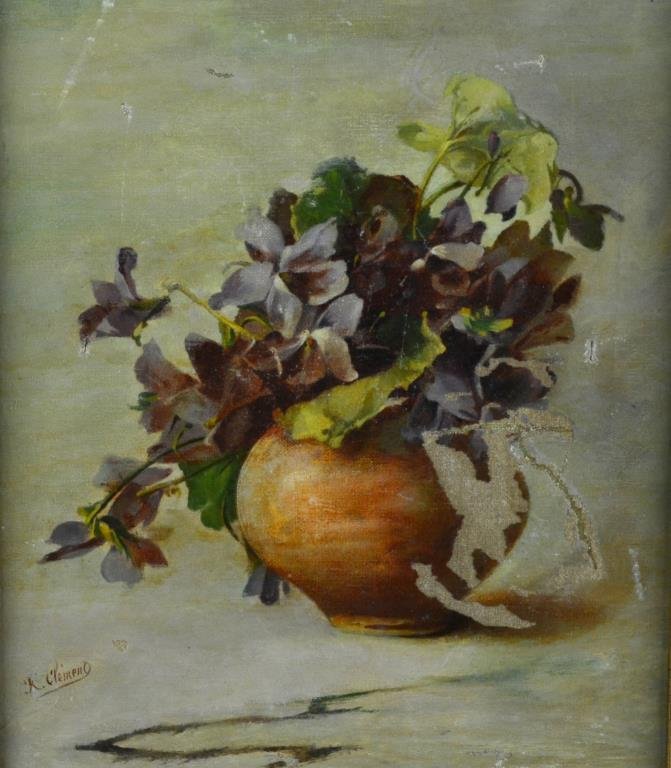 R(?) Clements Oil Painting on Canvas: Depicting a still life of potted flowers, signed illegibly to left but appears to be R Clements. 10"H X 8"W sight, 12.5"H X 11"W framed. Condition: Areas of lost and restoration. From the collection o