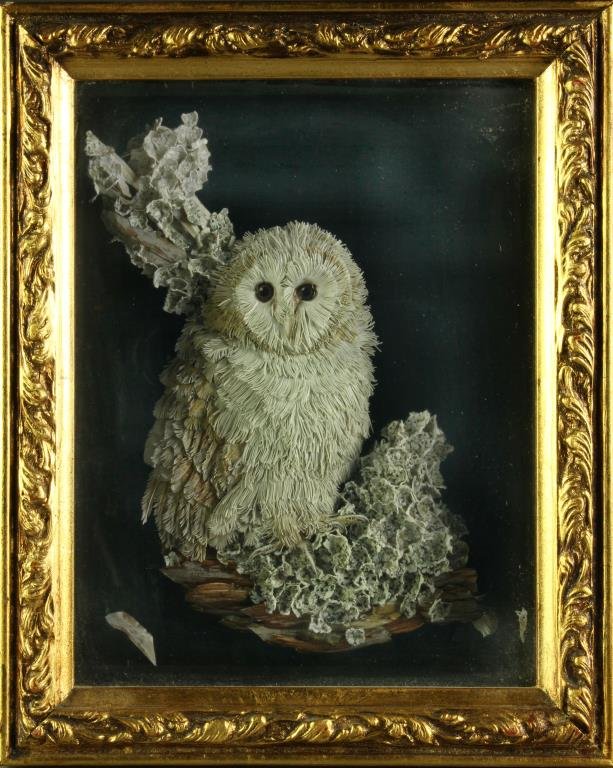 Framed Paper Art Sculpture: Depicitng a realistic owl perched on a branch and composed entirely of paper, framed in a gold shadow box, measures 10.75"H x 8.75"W framed, circa 20th century.