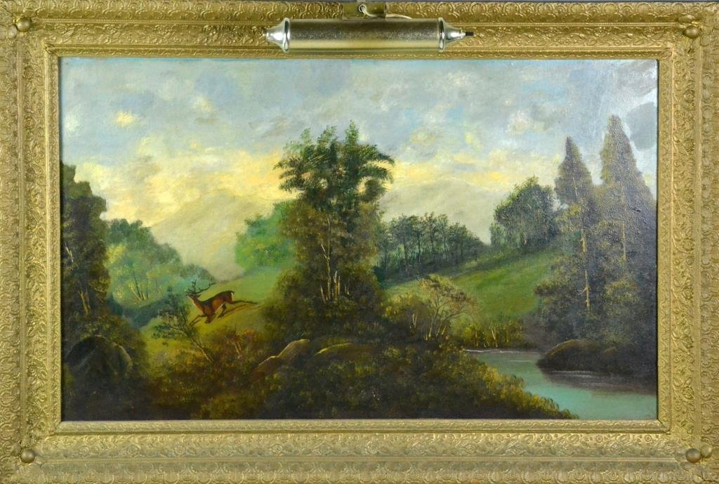 Hudson River School Oil on Canvas Riverscape: Depicting a stag in forest setting with river to lower right, 21" H x 35.5" W sight, 29" H x 42" W framed, with overhead light attached, molded gilt frame, circa late 19th century. Condition: canvas h
