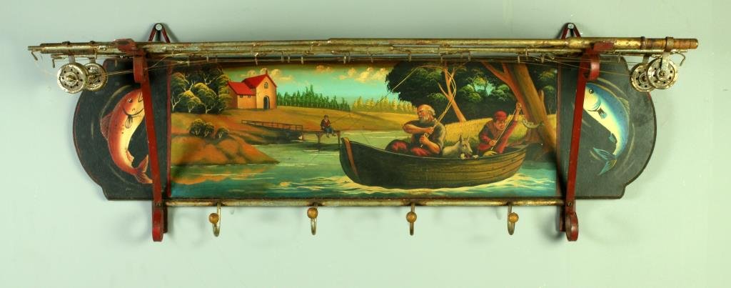 A Unique Folk Art Coat Rack: A painted wood coat rack depicting fisherman in a landscape scene, having red painted iron supports and four metal fishing poles forming an overhead canopy, measures 12.5"H x 36.75"W x 11"D, circa 20t