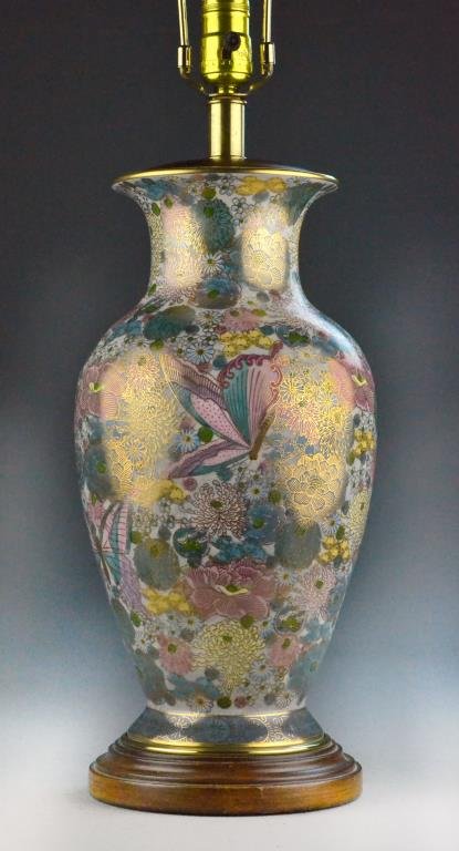 Frederick Cooper Porcelain Asian Lamp: Floral vase with gilt and pastel enameled decoration, raised on circular stepped wood base, 30" H, circa 20th century. Condition: good. Property of Fenton, Michigan, lady.