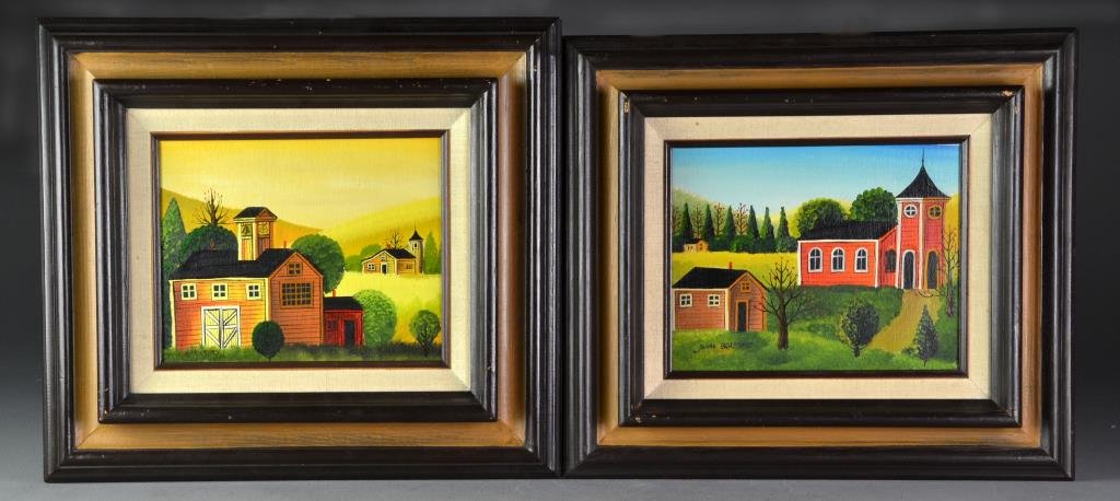 Pr. Jonas Bradford Oil Painting on Canvas: Painted to depict countryside landscape scenes with churches and buildings, both signed lower left, largest measures 7.5"H x 9.5"W sight, 15"H x 17"W framed, circa 20th century. Condition: canvas laid