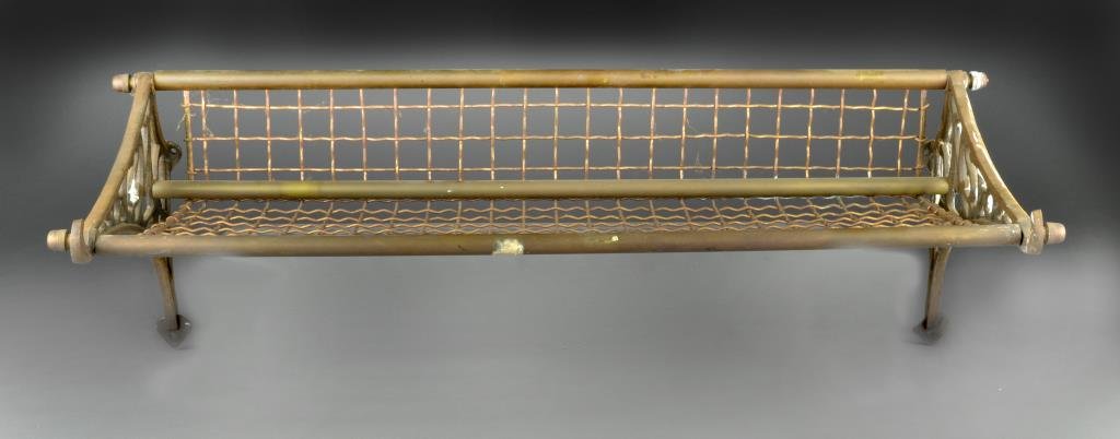 Antique Brass & Copper Railroad Luggage Rack: Copper and brass with scrolled supports and open wire shelf, 29.75"L x 13"D, circa late 19th- early 20th century. Condition: Small area of paint over spray. Property of a St. Clair, Michigan gentleman