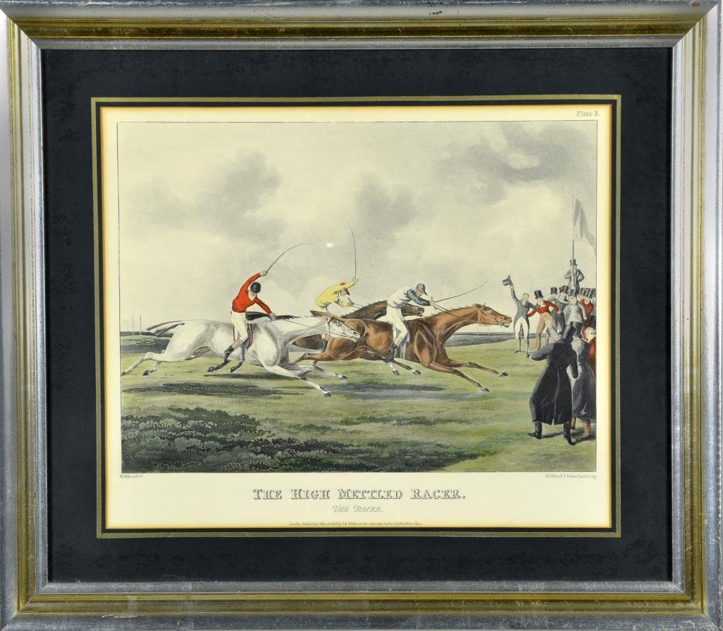 "The High Mettled Racer" Henry Alken Framed Print: Entitled "The Racer" from "The High Mettled Racer" series, an engraving with aquatint on wove paper, signed H. Alken and T. Sutherland, reads "London, Published March 11, 1821 by S & J Fuller, at thei