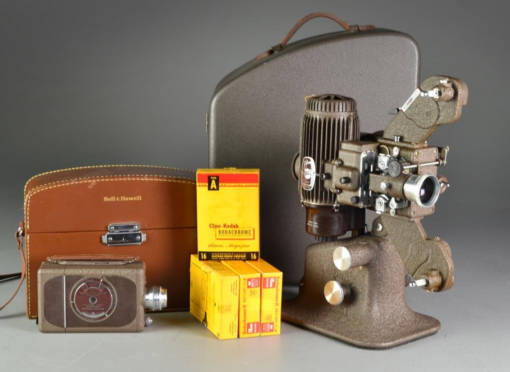 (2) Bell and Howell Projector & Camera: To include a Bell and Howell Filmo Diplomat 16mm projector with reel in original case, along with a Bell and Howell autoload camera in fitted case with film and light meter, unknown working order.