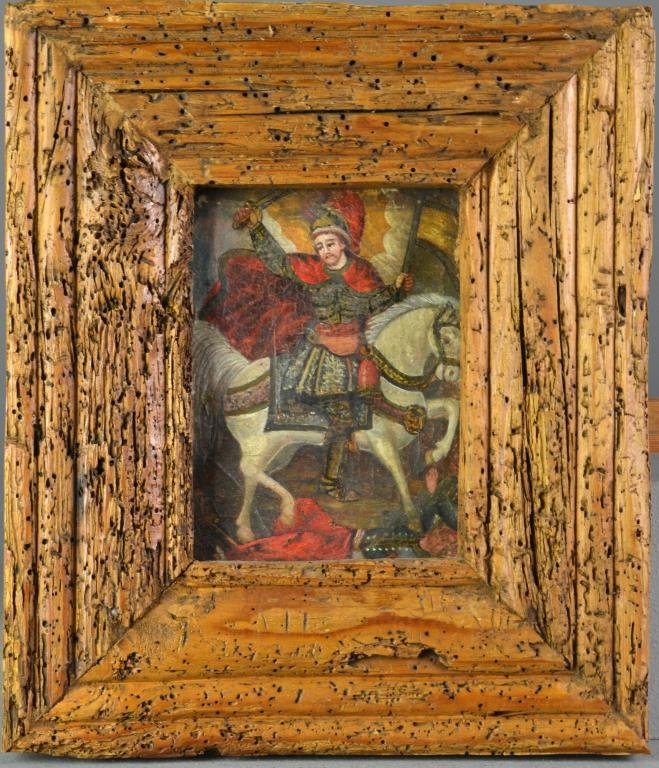 Antique Spanish School Oil Painting on Canvas: Depicting a solidier on horse with raised sword and flag, housed in three dimensional frame, 7"H x 5.25"W sight, 14"H x 12"W framed, circa 19th century. Condition, canvas with light warping, areas of 