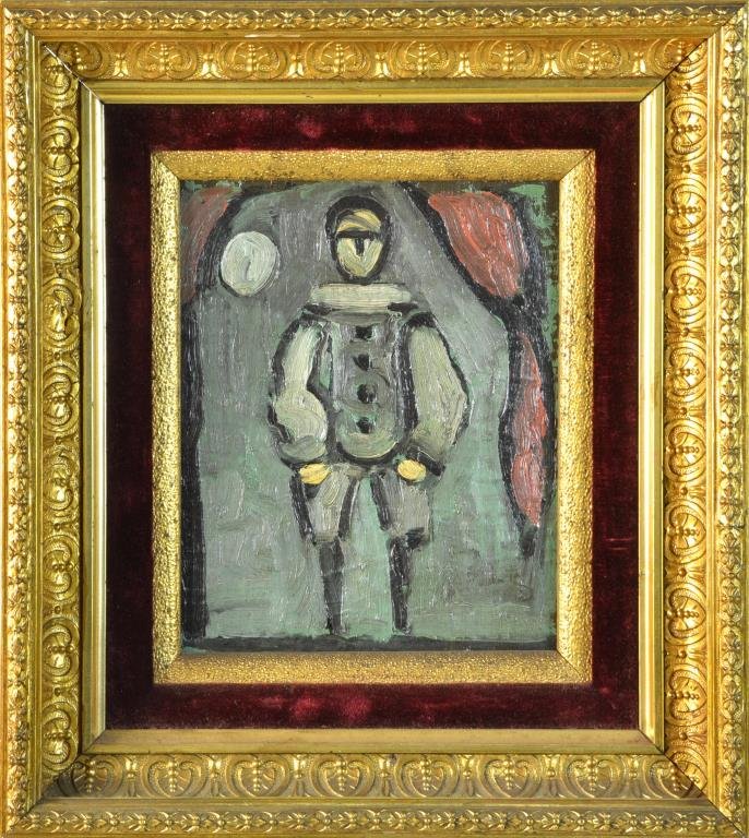 Georges Rouault Oil Painting on Board: Painted to depict a clown standing beneath a full moon or spotlight behind curtains, set in a gilt hardwood frame, signed en verso G. Rouault. Georges Rouault(1871-1958) was a French artist known for