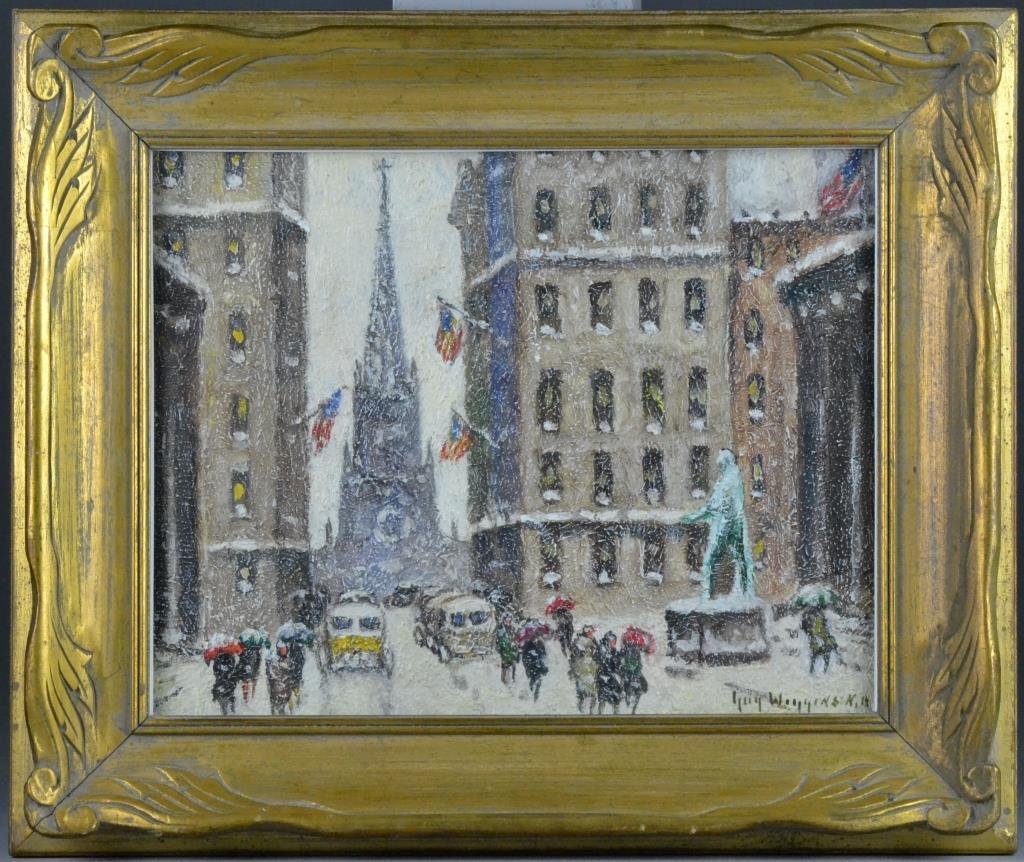 Bears The Signature Guy Carleton Wiggins Oil On Board: Bears The Signature Guy Carleton Wiggins Oil On Board. Finely painted to depict Wall Street in winter, with four American flags shown signed lower right. Guy Carleton Wiggins(1883-1962) was a New York